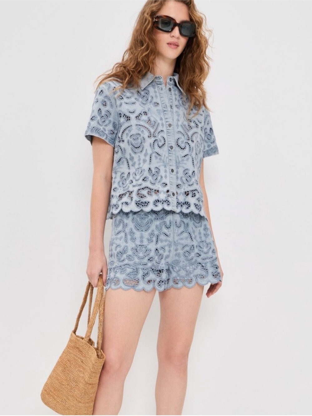 ALICE + OLIVIA Kenley Eyelet Denim Shorts